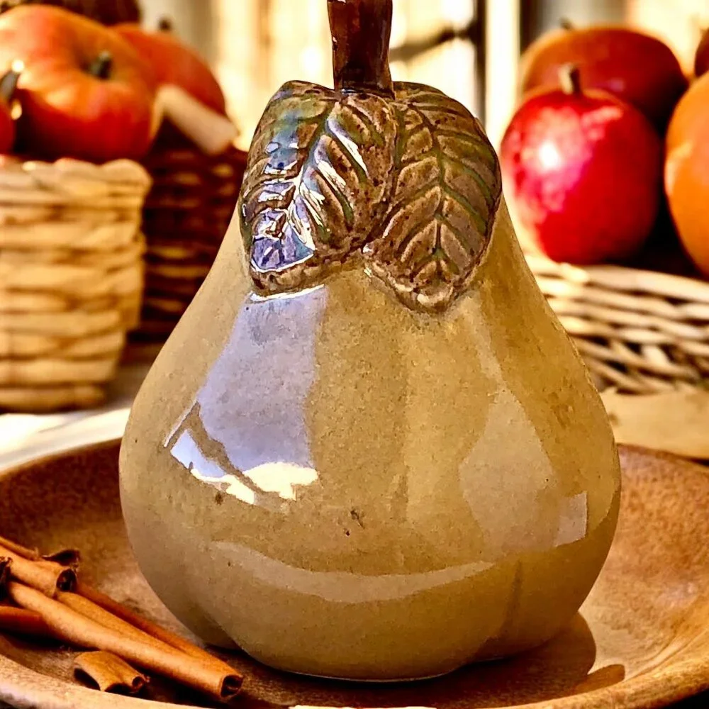 Ceramic Pear Fruit With Leaf Stem Decorative Figurine 7.6